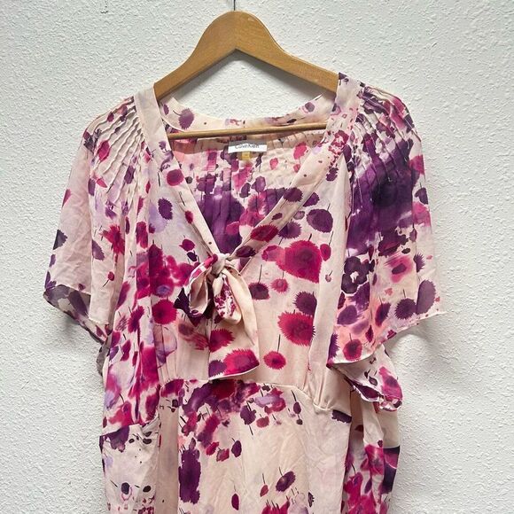 Calvin Klein Pink Floral Tie‎ Front Short Sleeve Semi Sheer Top Plus Size 3X - Picture 2 of 15